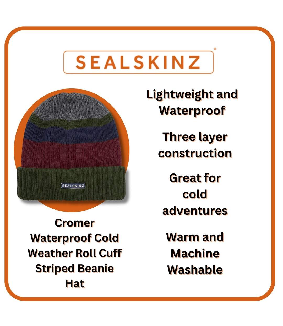 Mens & Ladies Waterproof Thermal Roll Cuff Striped Beanie Hat-3
