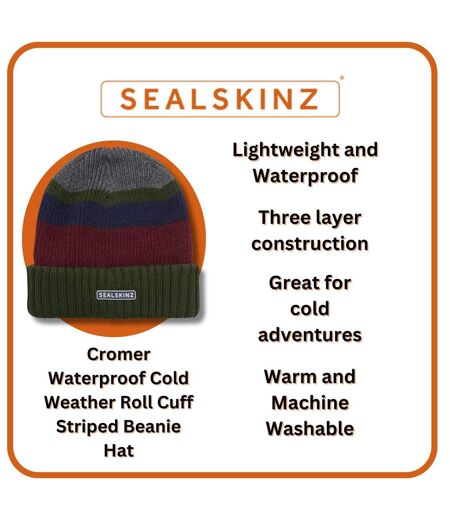 Mens & Ladies Waterproof Thermal Roll Cuff Striped Beanie Hat