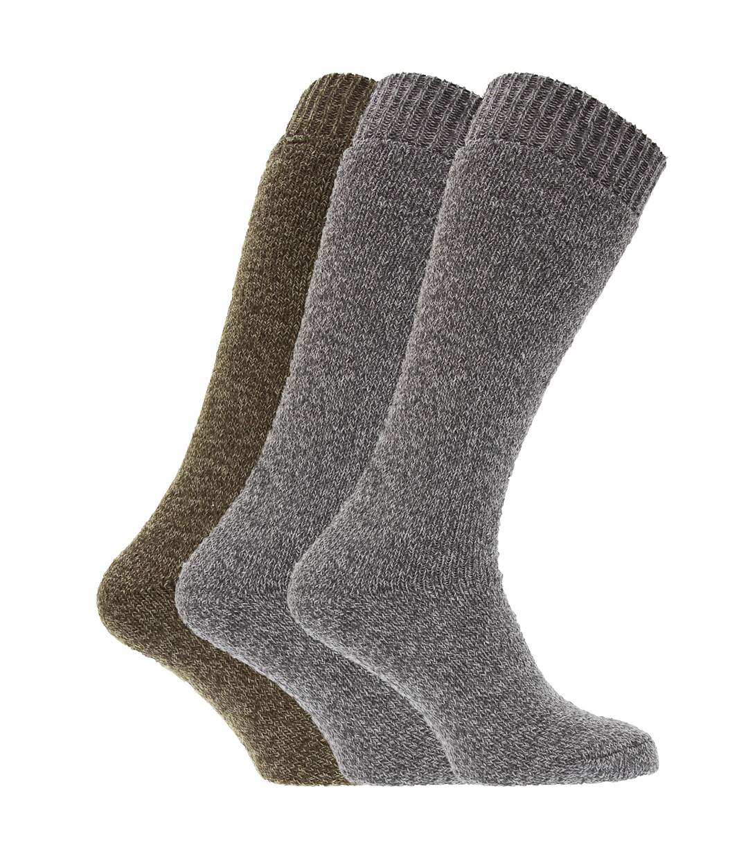 Mens Thermal Wool Blend Long Wellington Boot Socks (Pack Of 3) (Grey/Brown) - UTMB147