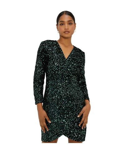 Womens/ladies sequin velvet wrap long-sleeved mini dress green Dorothy Perkins