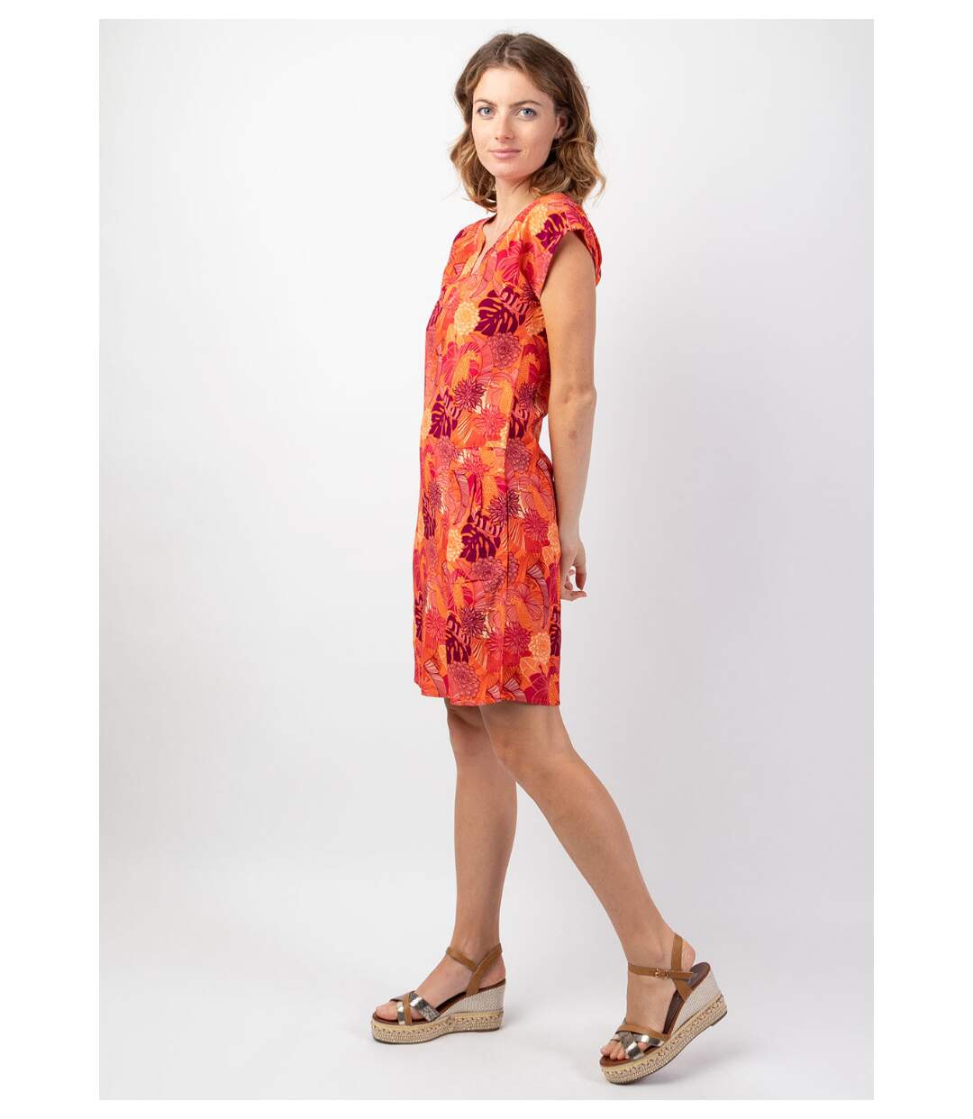 Robe légère en viscose coton manches courtes ERIKA motif tropical Coton Du Monde