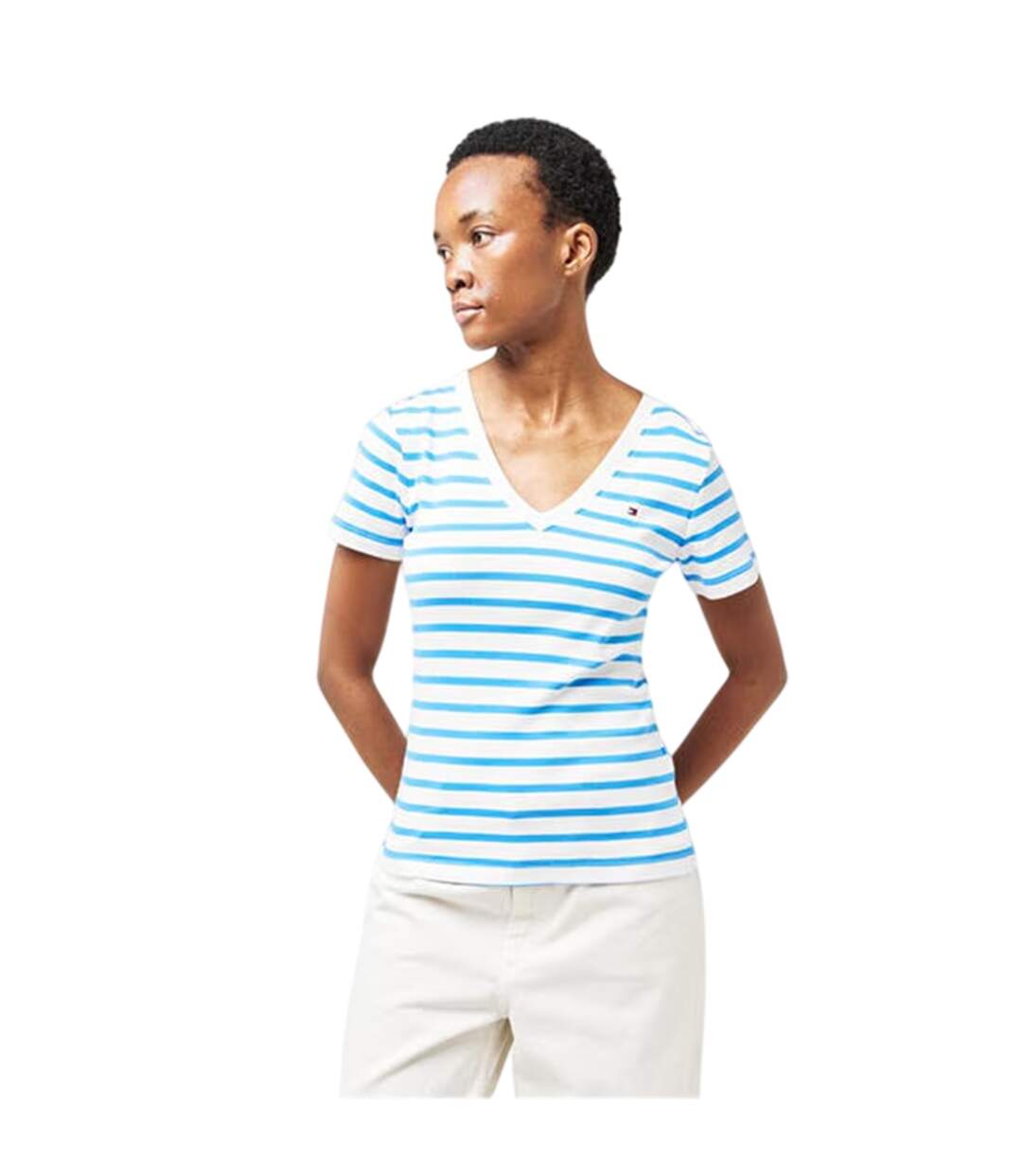Womens/ladies Striped Cotton T-shirt Ecru Blue Tommy Hilfiger-4