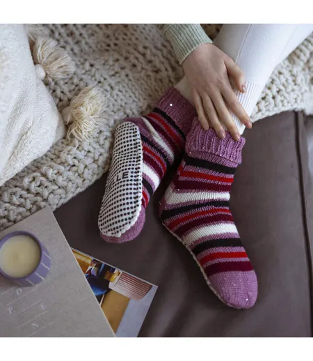 1 Pair Ladies Chunky Fair Isle Moccasin Grip Socks - Warm Winter Slipper Socks