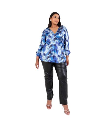 Womens/ladies Satin Long-sleeved Wrap Top Blue Lovedrobe