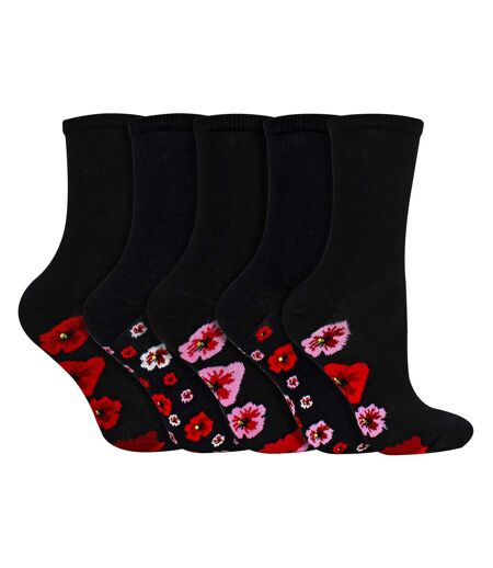 5 Pairs Ladies Poppy Footbed Socks - Soft Cotton Rich Floral Everyday Socks