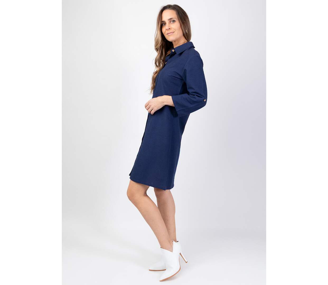 Robe chemise col tailleur CLAUDINE unie bleu marine Coton Du Monde-3