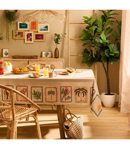 Nappe Imprimé Tropical 140x240cm Beige Lin
