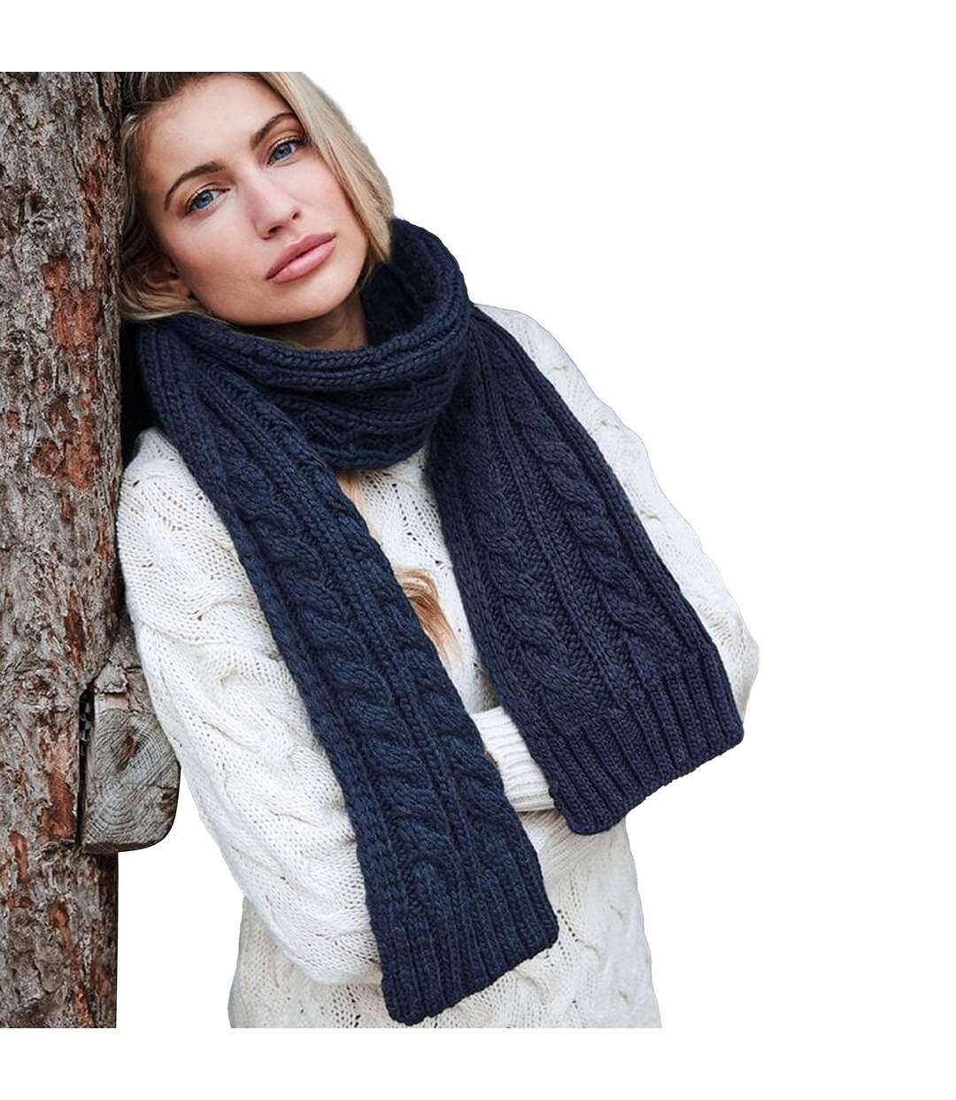 Cable knit melange scarf one size navy Beechfield-2