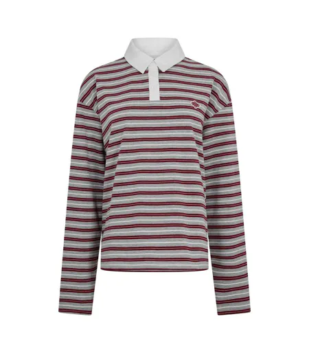 Womens/ladies Striped Long-sleeved Rugby Shirt Grey Burgundy Couture Club