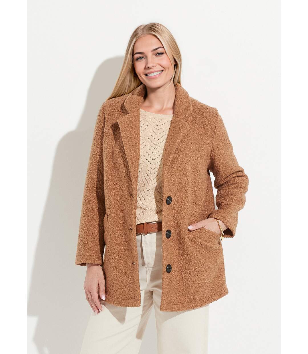 Manteau tissu bouclette mi-long boutonné-1