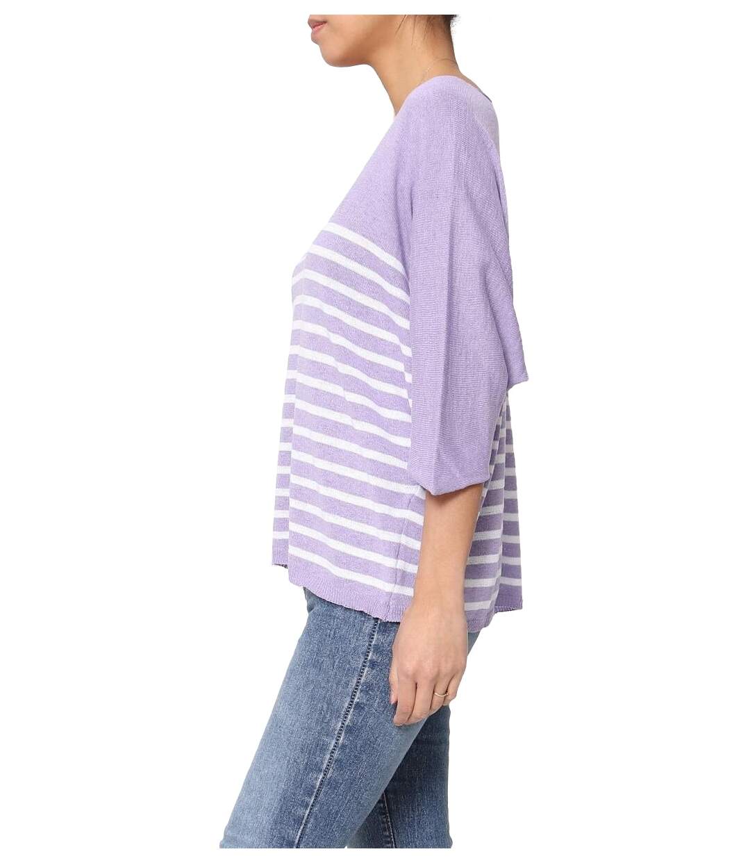 Pull femme rayé - Pull col en V - Manches 3/4 - Couleur violet