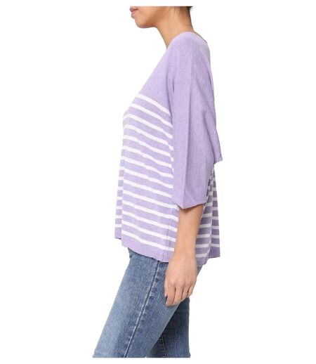 Pull femme rayé - Pull col en V - Manches 3/4 - Couleur violet