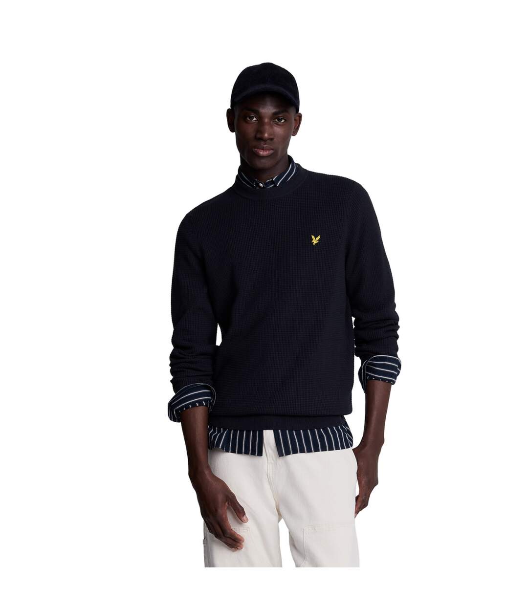 Mens grid knitted crew neck sweater dark navy Lyle & Scott