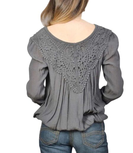 Tunique en dentelle noire à  manches longues, col tunisien - Style décontracté et chic pour toutes les saisons