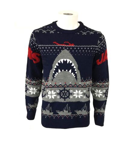 Jaws Unisex Adult Shark Christmas Sweatshirt (Navy/Gray/Red) - UTHE439