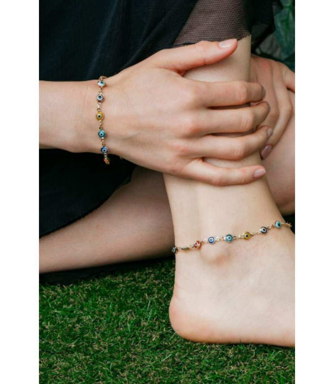 Silver Colourful Protection Greek Evil Eye Beaded Indian Nazaria Payal Anklet-1