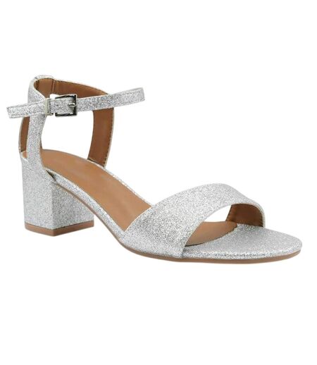 Womens/ladies Glitter Low Block Heel Sandals Silver Shiny Where's That From
