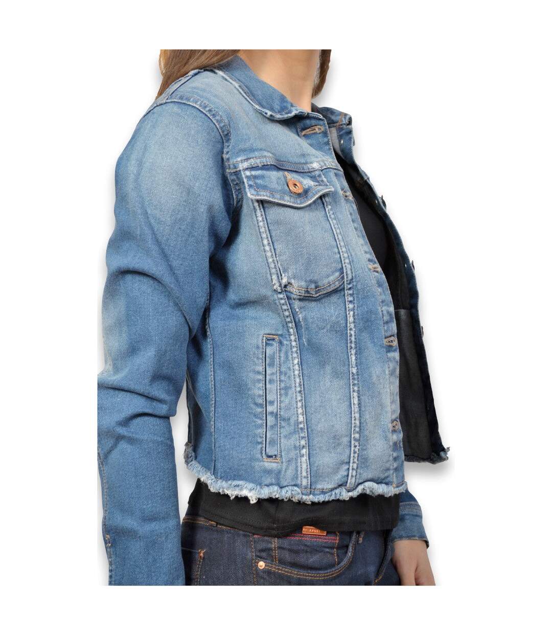 Blouson femme manches longues en jean court stone used-4