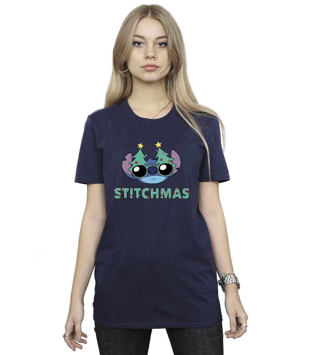Disney Womens/Ladies Lilo & Stitch Stitchmas Glasses Cotton Boyfriend T-Shirt (Bleu marine) - UTBI30656-2