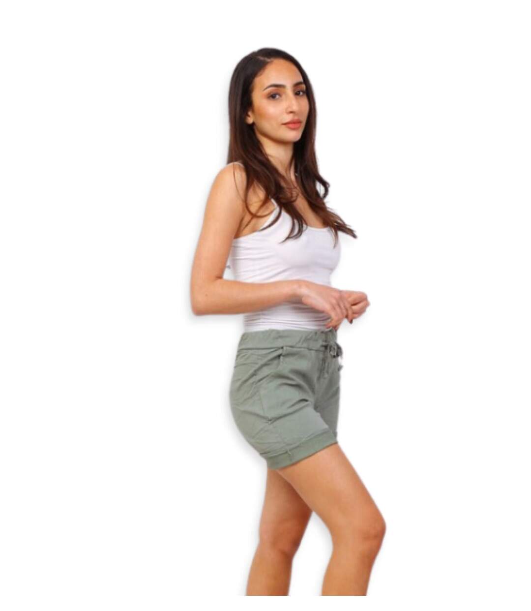 Short court femme décontracté en toile - Cordon taille - Couleur Kaki-4