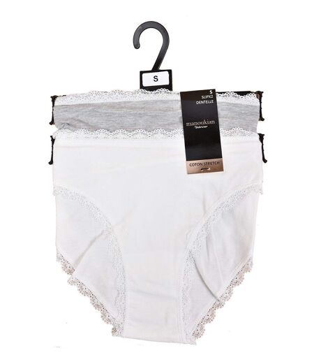 Culottes Femme MANOUKIAN Underwear Confort Qualité supérieure Pack de 2 culottes Bord dentelle Gris Blanc
