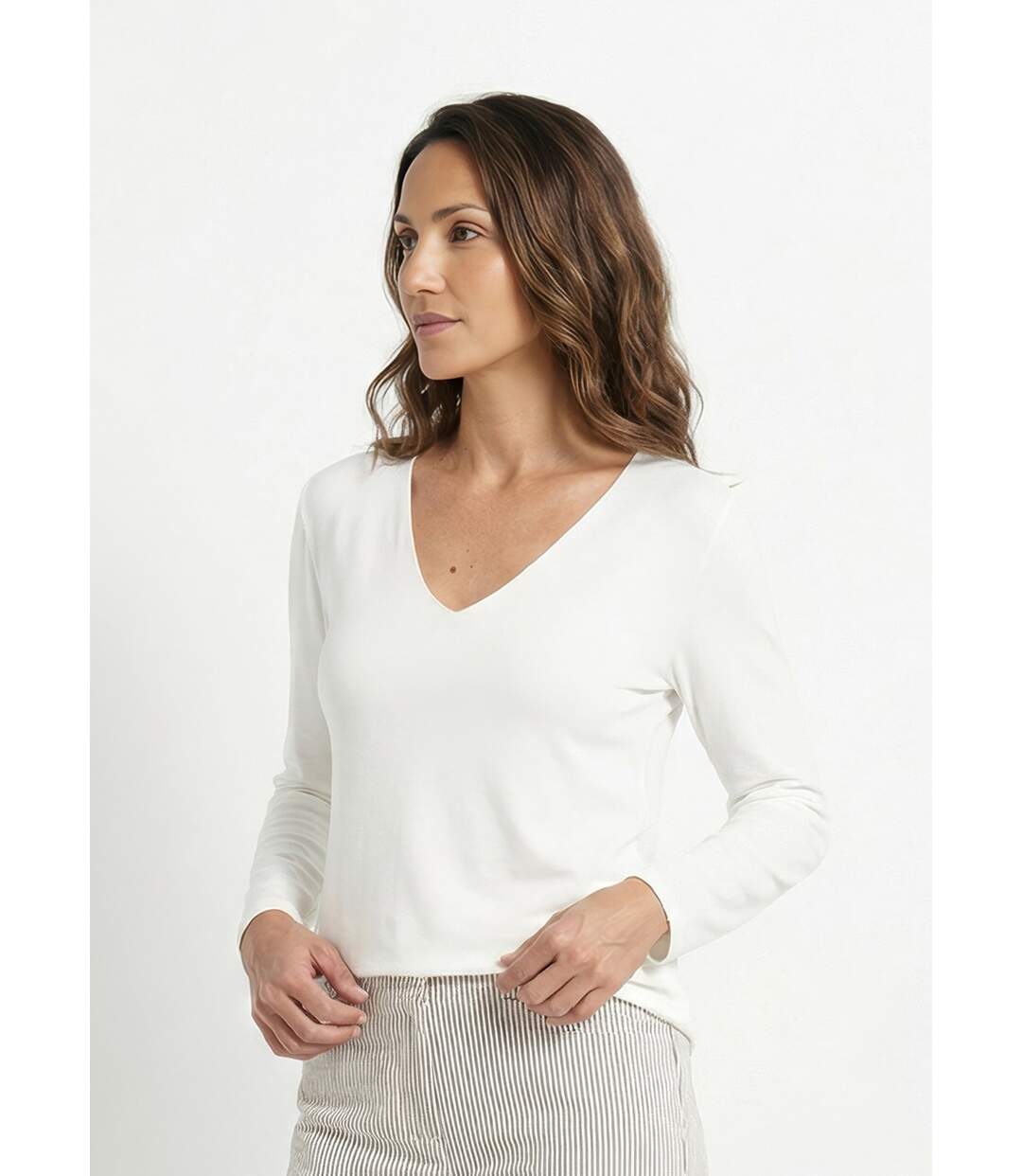 Pull fin avec angora et laine, col V-1