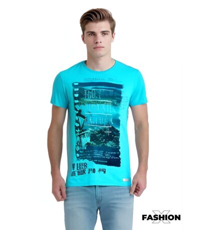 Tee shirt homme manches courtes de couleur bleu col rond motif imprimé