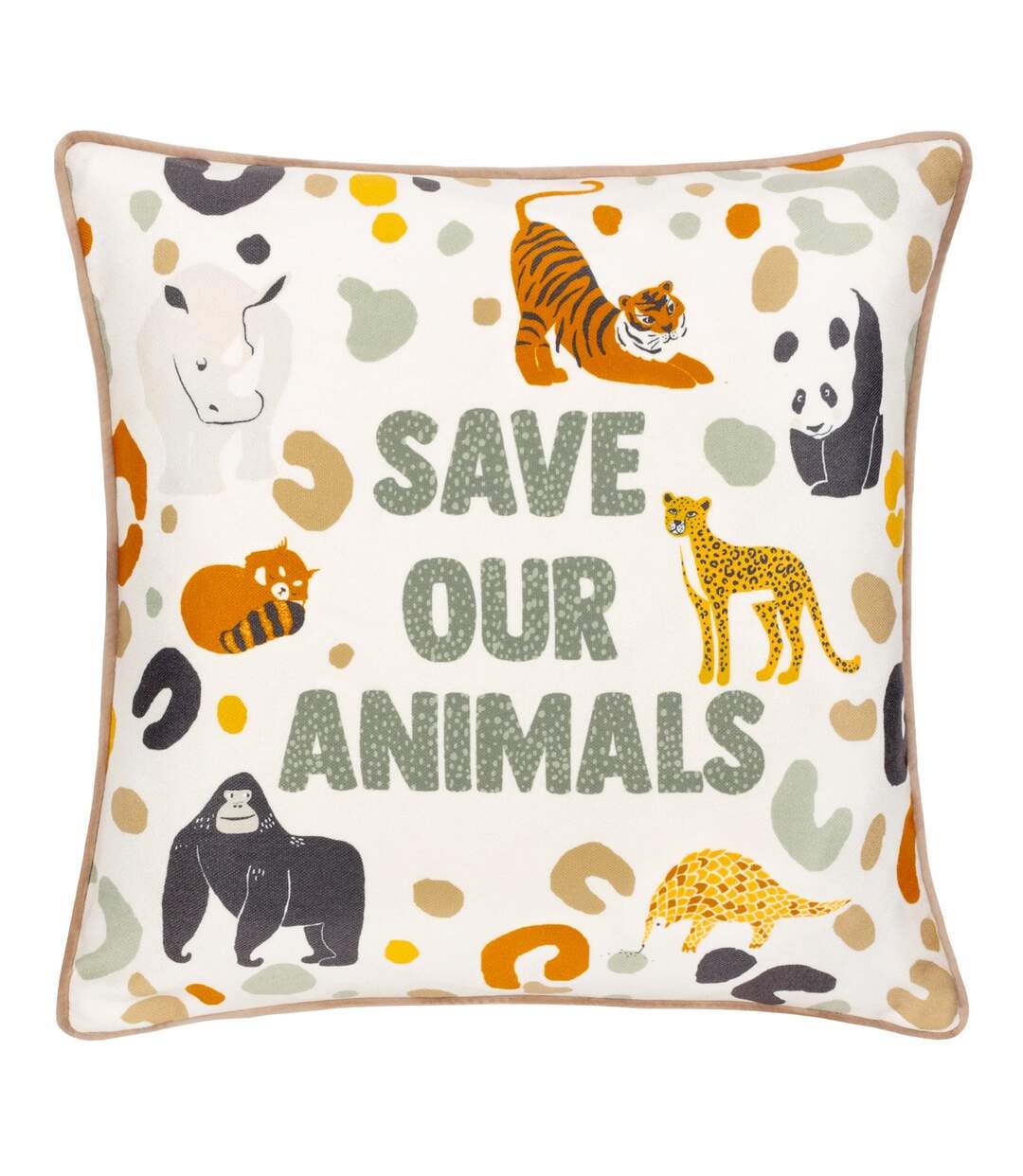 Wildlife save our animals velvet piped cushion cover 43cm x 43cm multicoloured Little Furn