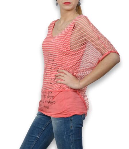 Tunique d'été femme 2 pièces - Top orange lumineux avec superposition stylée et motif tendance