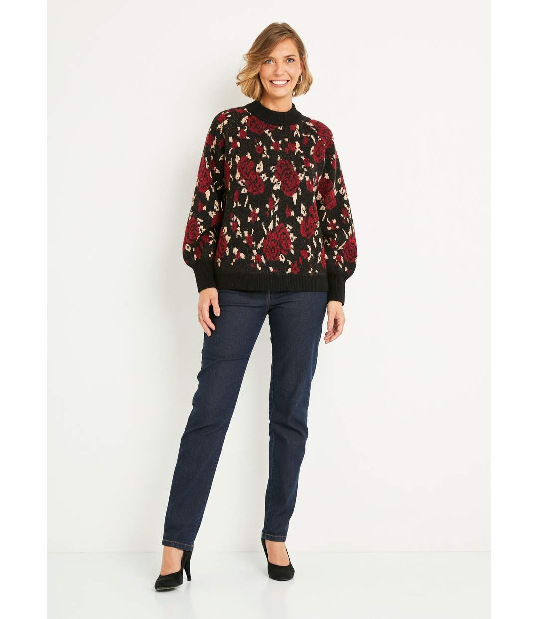 Pull chaud col montant raglan jacquard fleuri-3