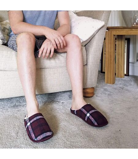 Mens Plush Fleece Lined Slip On Mule Checked Plaid Slippers
