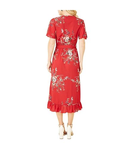 Robe Portefeuille Manches Volantées Motif/style Floral Femme Rouge Mela London