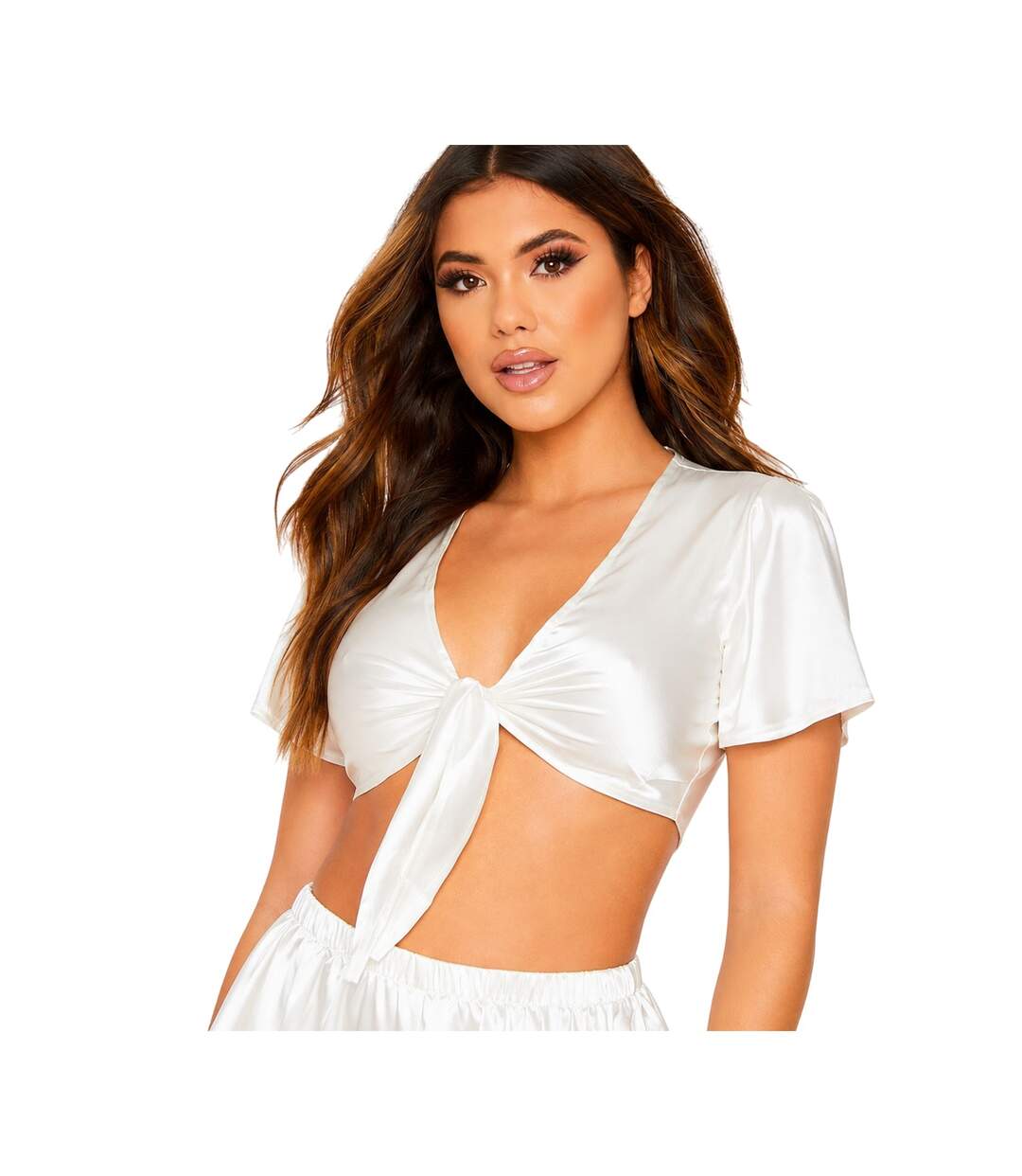 Womens/ladies Satin Cropped Pyjama Top Ivory Missy Empire-2