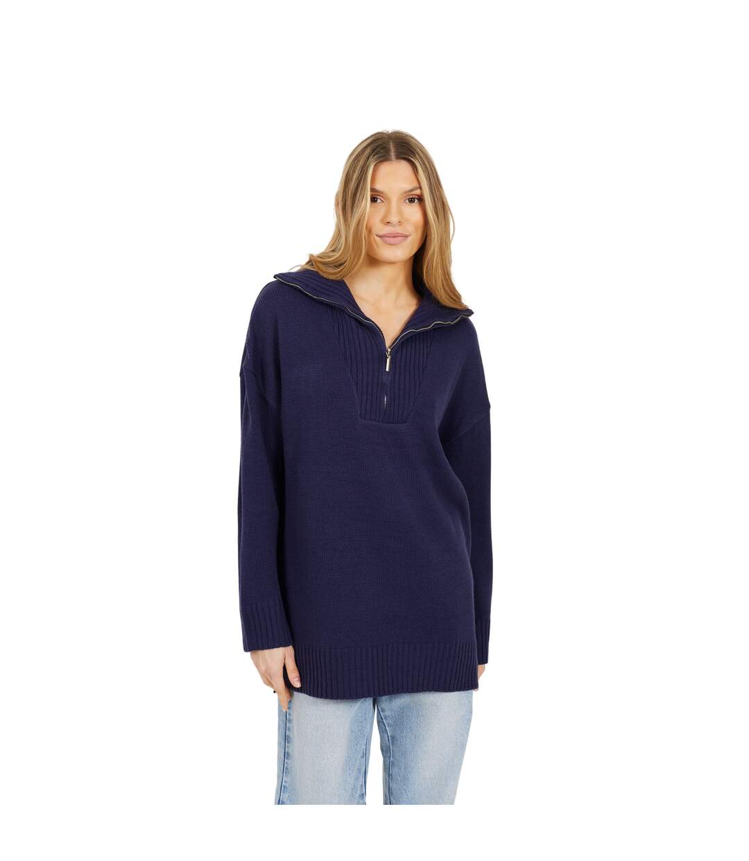 Womens/ladies Fashion Zip Drop Shoulder Jumper Navy Brave Soul-2