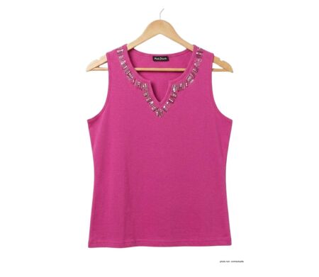 Débardeur femme MAYFLOWER REFAT : Tee-shirt sans manches fushia avec col strass étincelant