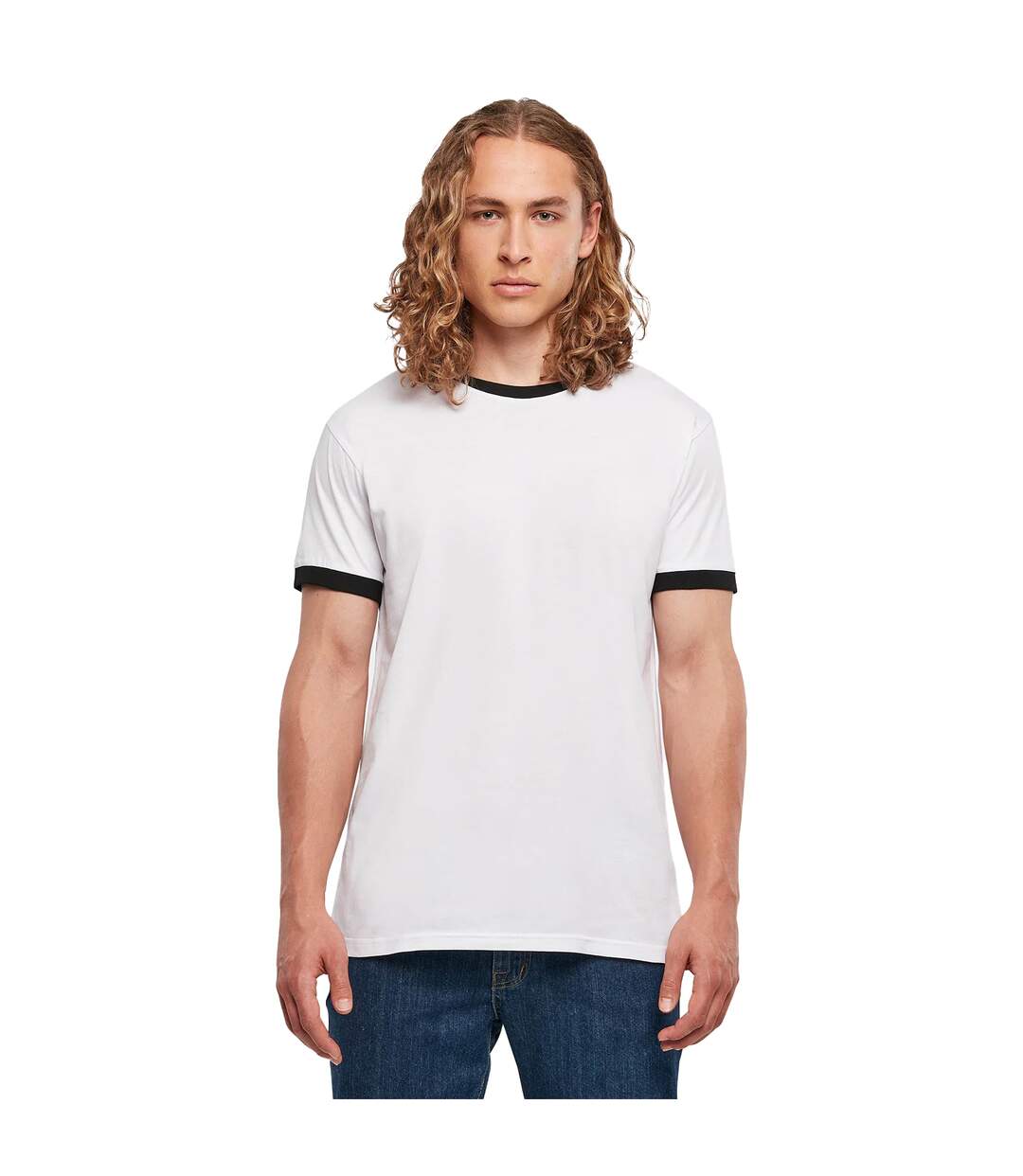 T-shirt Ringer Pour Hommes Blanc Noir Build Your Brand-2