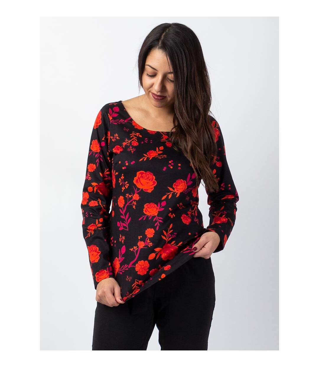 Top en coton col rond SUMAN imprimé fleuri rouge Coton Du Monde