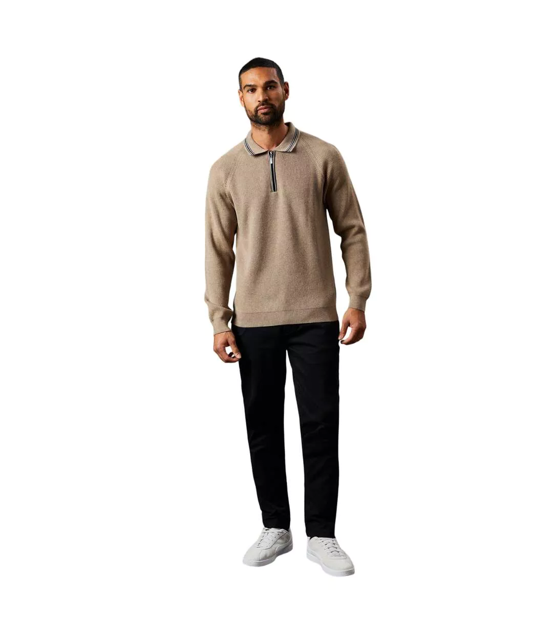 Mens Fine Gauge Knitted Long-sleeved Polo Shirt Natural Burton-3