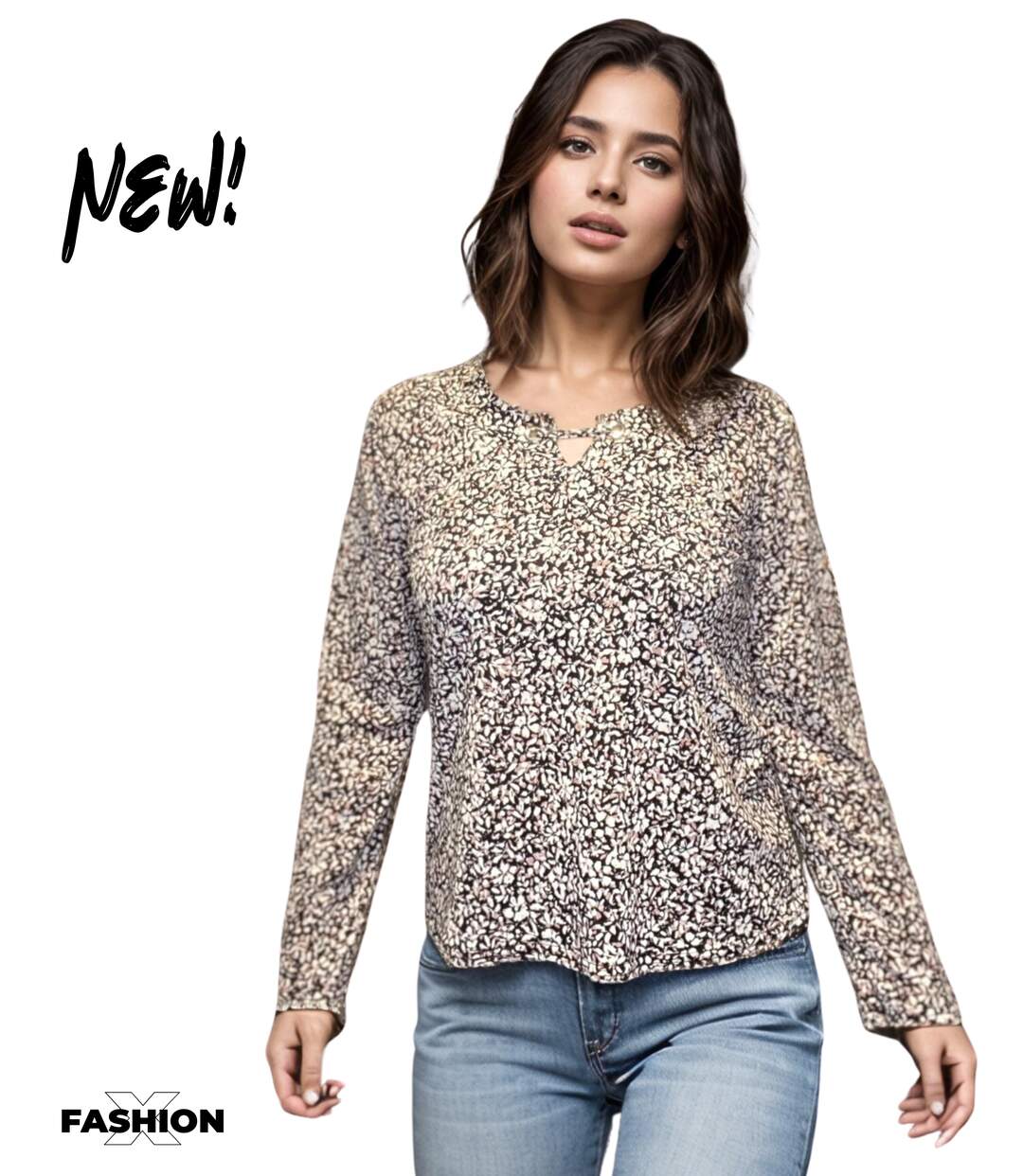 Blouse femme imprimé manches longues - Col rond - Multicouleur-1