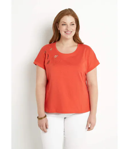 T-shirt brodé ajouré manches courtes