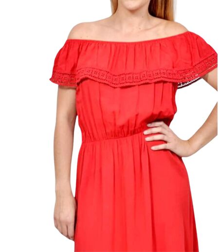 Robe été Femme Sans Manches Rouge avec Volants, Longueur Genou - Col Rond - élégance Décontractée