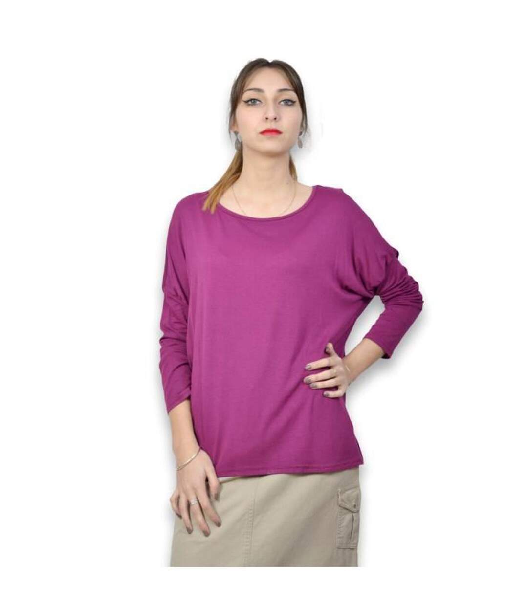 Tee shirt  femme manches longues de couleur prune-1