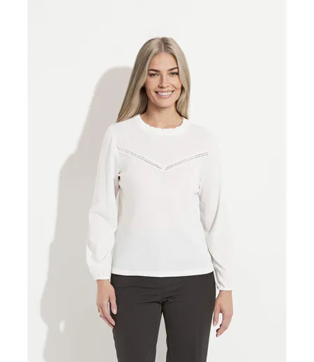 T-shirt blanc col montant volanté maille gaufrée