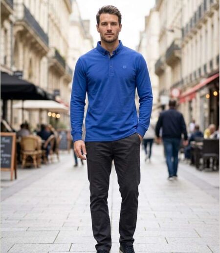 CHALLENGER NATHAN1 — Polo manches longues bleu piqué : le chic décontracté au quotidien