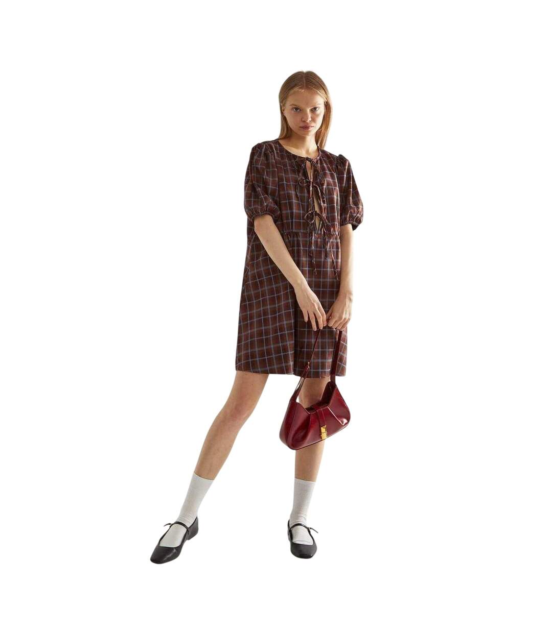 Womens/ladies Front Tie Puff Sleeve Mini Dress Brown Glamorous-4