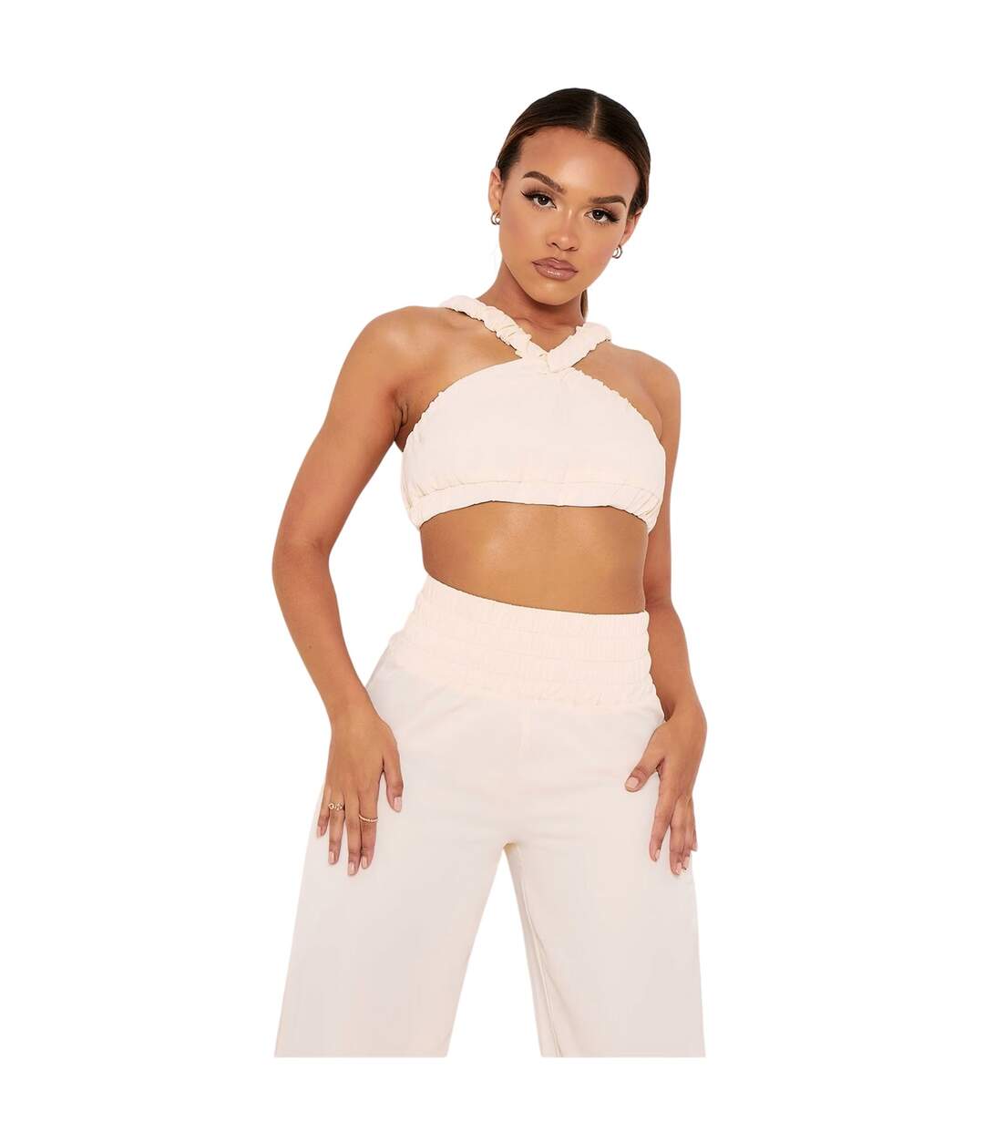 Womens/ladies Pleated Strappy Crop Top Cream Missy Empire-1