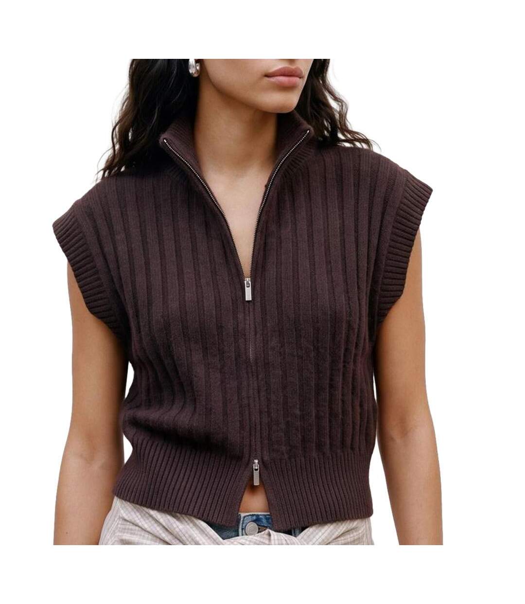 Gilet sans manches maille femme marron vero moda  highneck-1