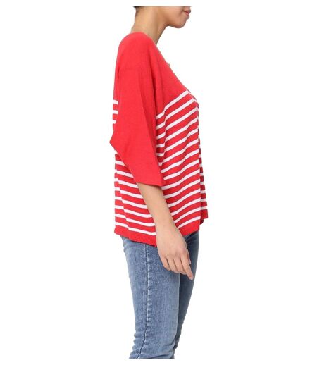 Pull femme rayé - Pull col en V - Manches 3/4 - Couleur rouge
