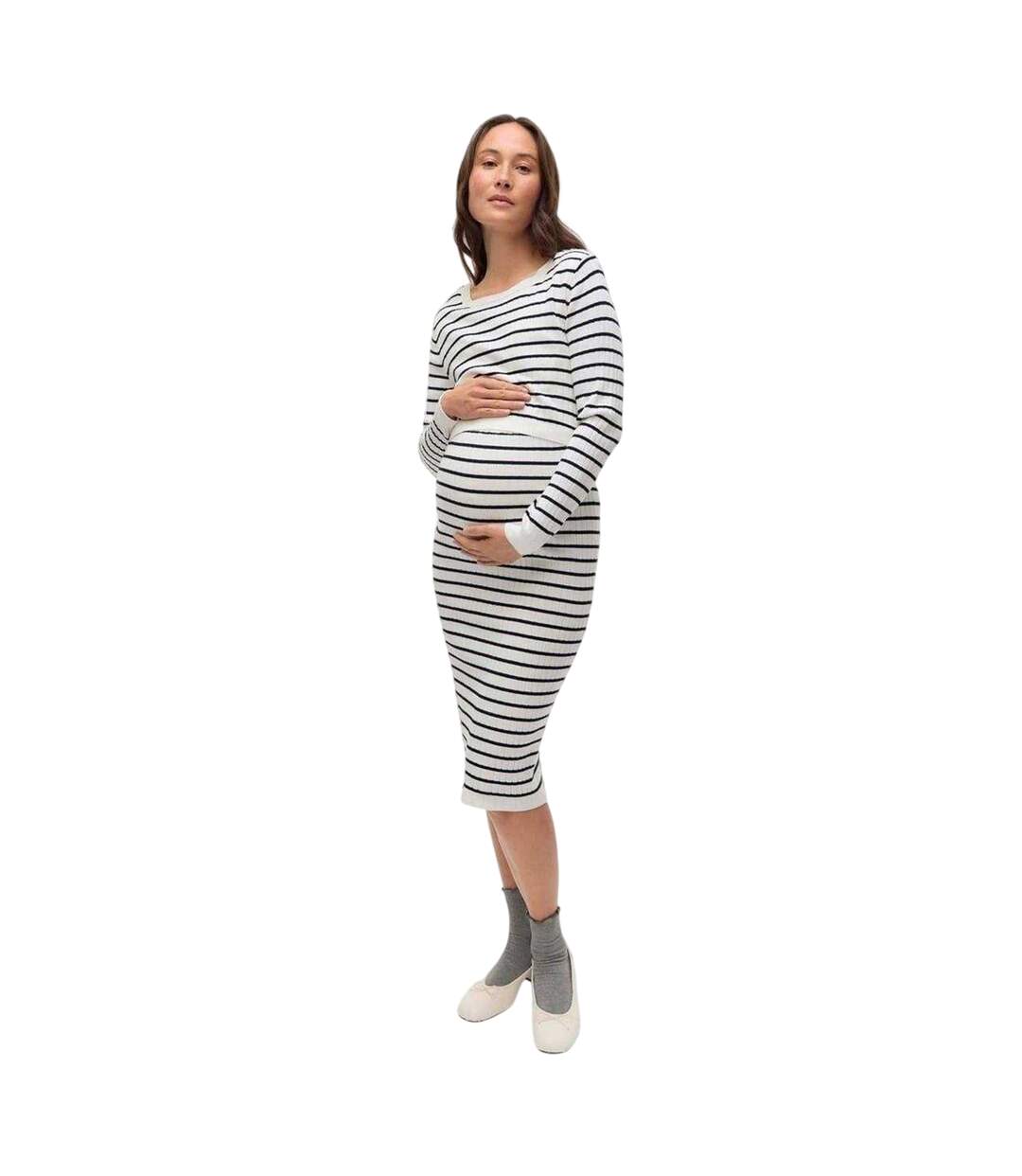 Robe Mi-longue Manches Longues Motif/style À Rayures Mlalima Femme Blanc Neige Mamalicious-1
