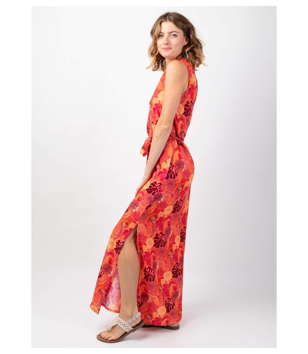 Robe longue femme d'été lumineuse CAROLA sans manches fleurie Coton Du Monde